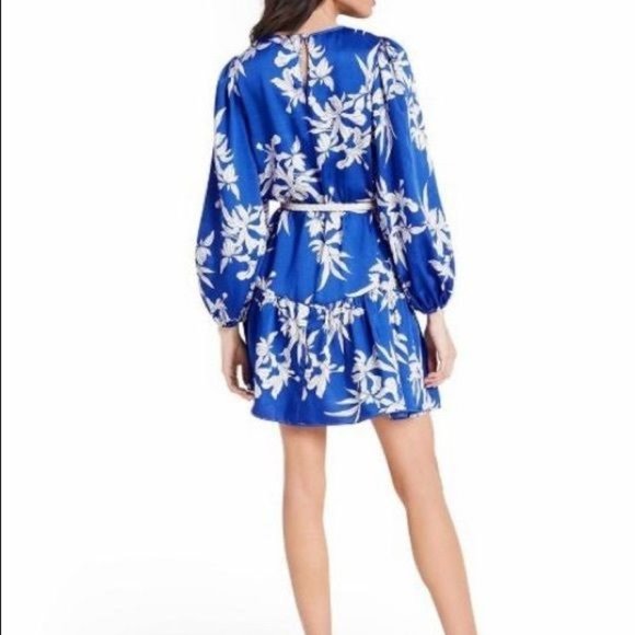 Alexis Blue Mini Dress XXS Floral Print Rope Belt Swing Long Sleeve Satin New - Picture 9 of 15
